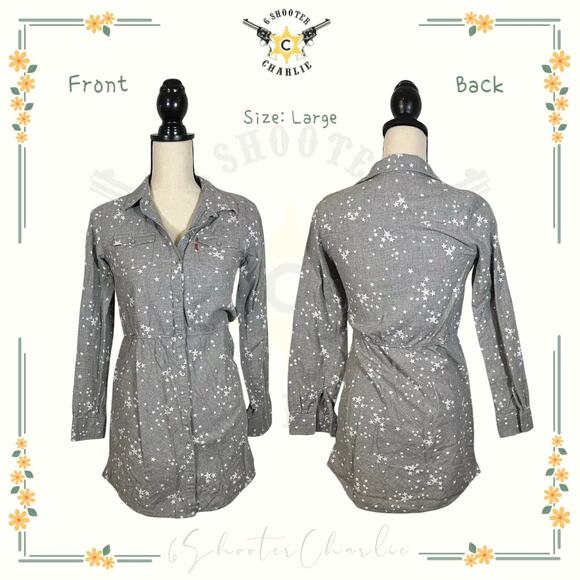 Levi's Junior's Gray White Star Printed Collared Long Sleeve Shirt Dress Large - Picture 1 of 7